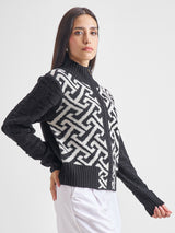 Women's Black Casual Striped Full Sleeves Sweater