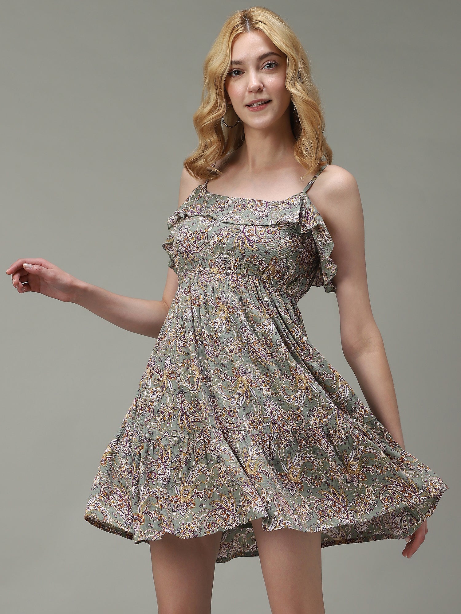 Women's Green Casual Fit & Flare Printed Dress