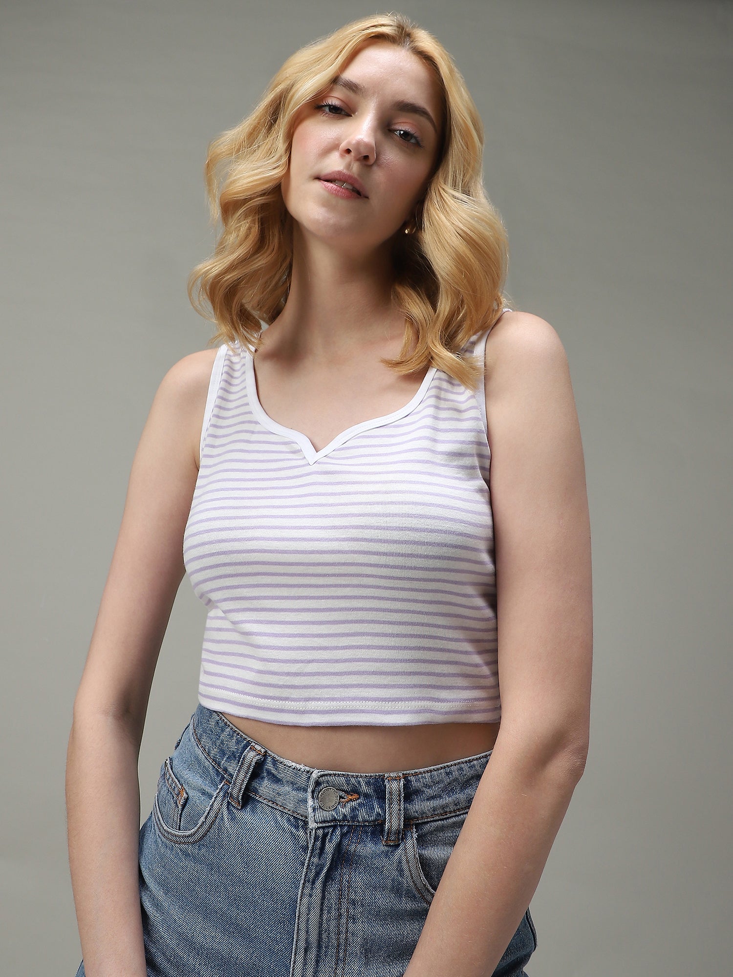 Women's Purple Casual Fitted Striped Top