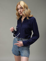 Women's Navy Casual Crop Solid Shirt