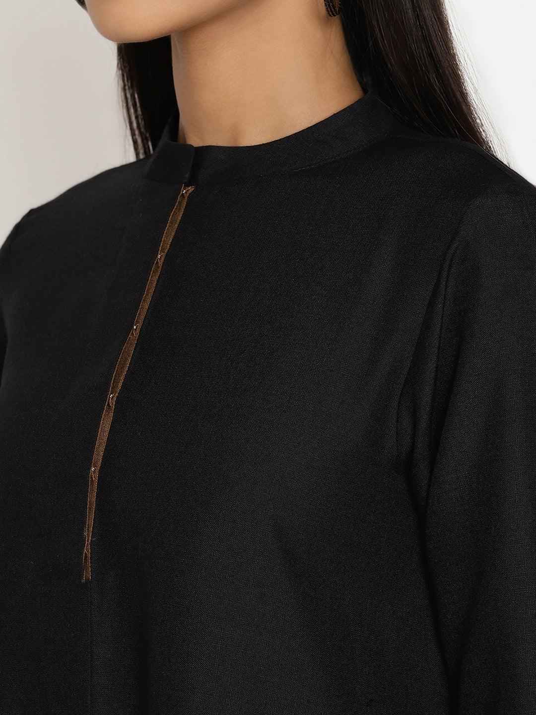 Women's Black Cotton Linen Kurta Pant Set