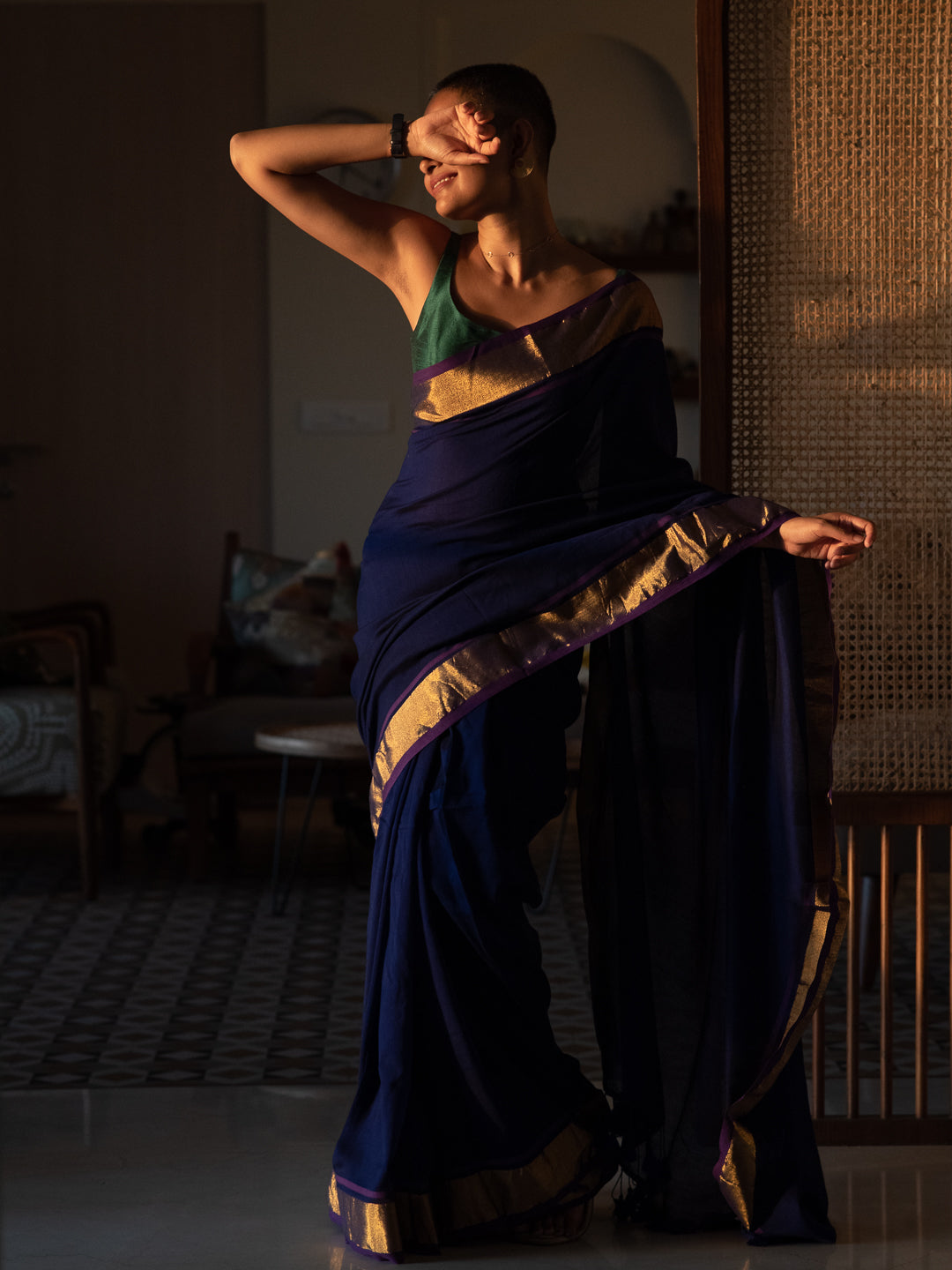Women's Blue Cotton Blend Saree