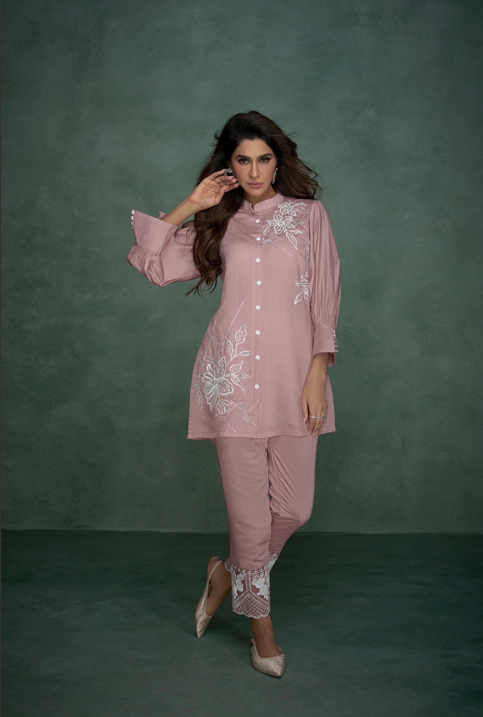 Women's Pink Work Regular Fit Embroidered Three Quarter Sleeves Co-Ord Sets