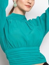 Women's Green Casual Full Sleeve High-Neck Pleated Balloon Top