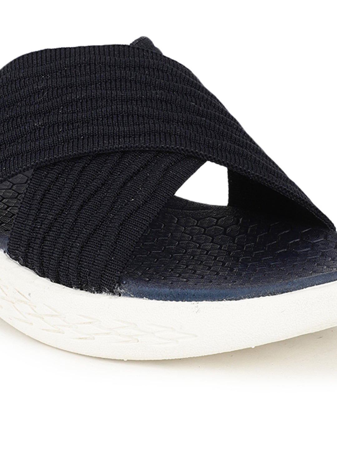 Women's Navy Criss-Cross Fly Knit Comfort Slides