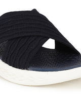 Women's Navy Criss-Cross Fly Knit Comfort Slides