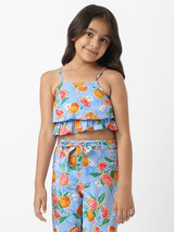 Girls Blue Casual Printed Co-Ord Set