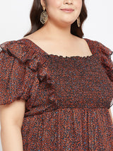 Women's Black and Orange Smocked Chiffon Midi Dress