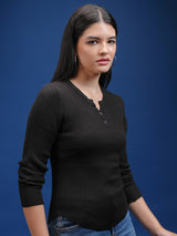 Women's Black Casual Solid Full Sleeves Sweater