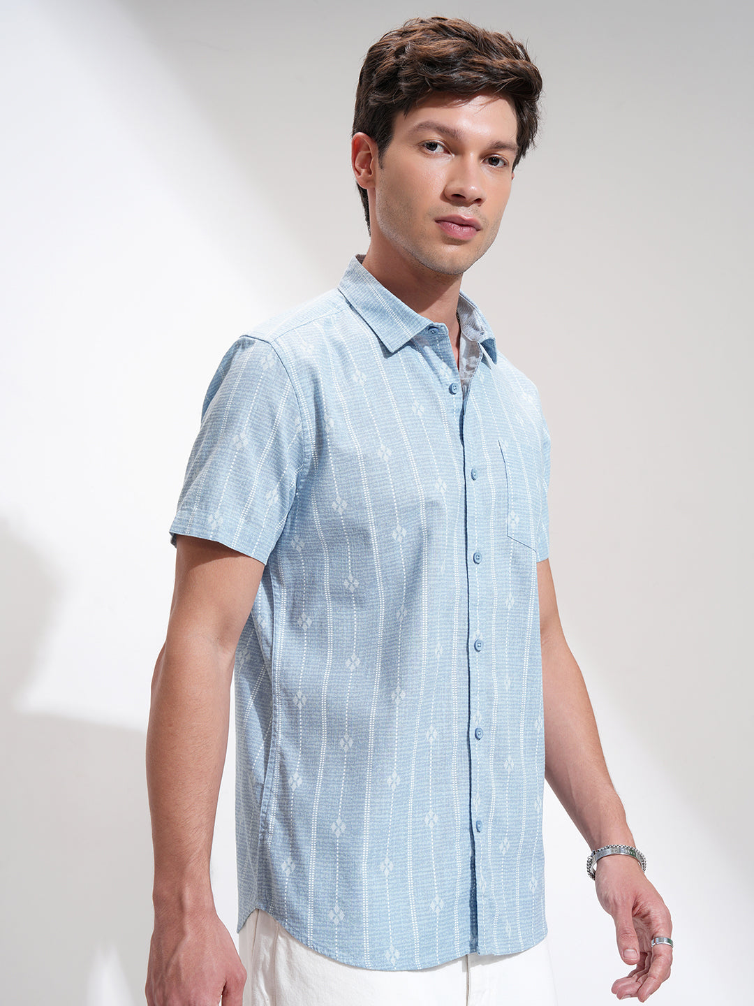Men's Blue Casual Striped Half Sleeves Shirt