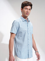 Men's Blue Casual Striped Half Sleeves Shirt