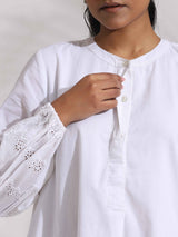 Women's White Cotton Schiffli Short Dress