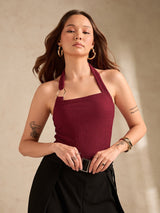 Women's Maroon Halter Neck Metal Trim Detailing Tank