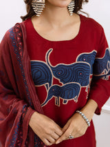 Women's Red Cotton 3 Pieces Kurta Set