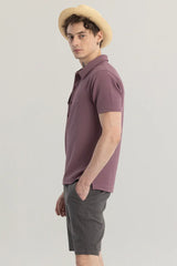 Men's Mauve Casual Slim Fit Textured Half Sleeves Polo Tshirt