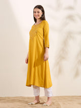 Women's Yellow Solid Mirror Embroidered A-Line Flared Kurta