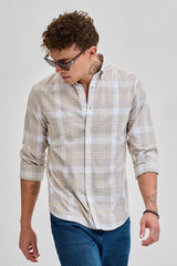 Men's Beige Casual Slim Fit Checkered Full Sleeves Shirt