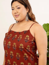 Women's Red Plus Size Ethnic Motifs Printed Shoulder Strap Pure Cotton Kurta with Trouser