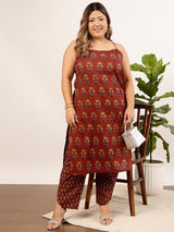 Women's Red Plus Size Ethnic Motifs Printed Shoulder Strap Pure Cotton Kurta with Trouser