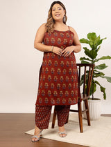 Women's Red Plus Size Ethnic Motifs Printed Shoulder Strap Pure Cotton Kurta with Trouser