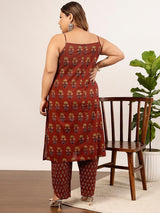 Women's Red Plus Size Ethnic Motifs Printed Shoulder Strap Pure Cotton Kurta with Trouser