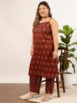 Women's Red Plus Size Ethnic Motifs Printed Shoulder Strap Pure Cotton Kurta with Trouser