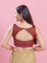 Women's Maroon Brocade Padded Back Open Sleeveless Saree Blouse