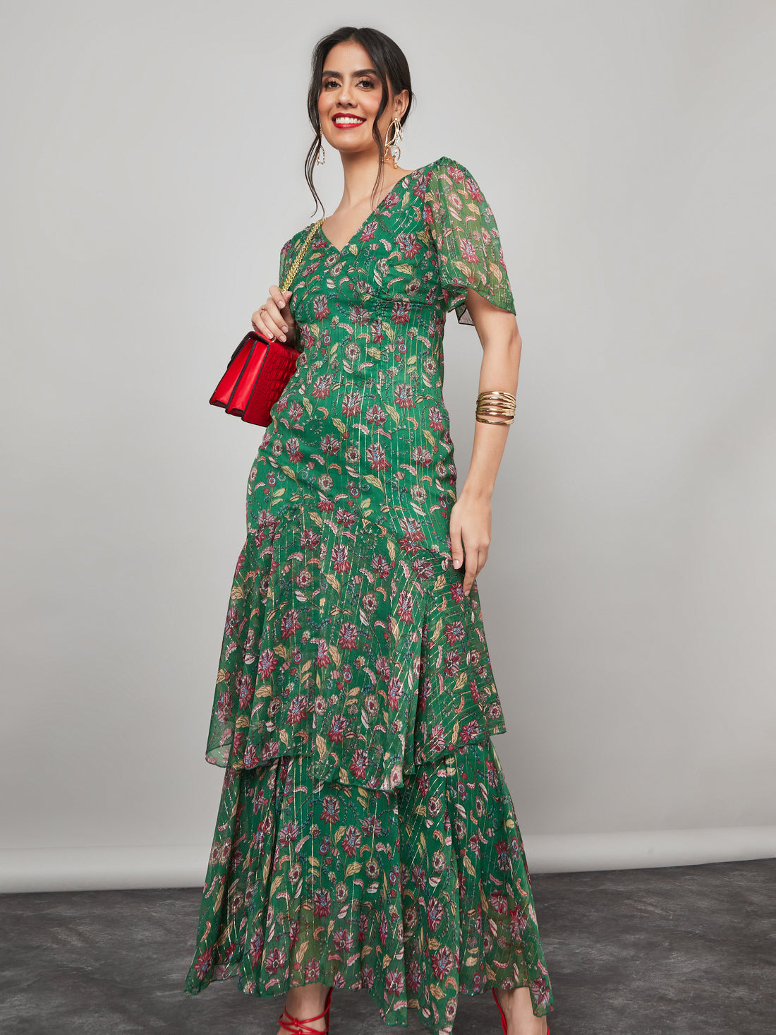 Women's Green Frill Sleeve Floral Print Layered Maxi Dress