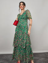 Women's Green Frill Sleeve Floral Print Layered Maxi Dress