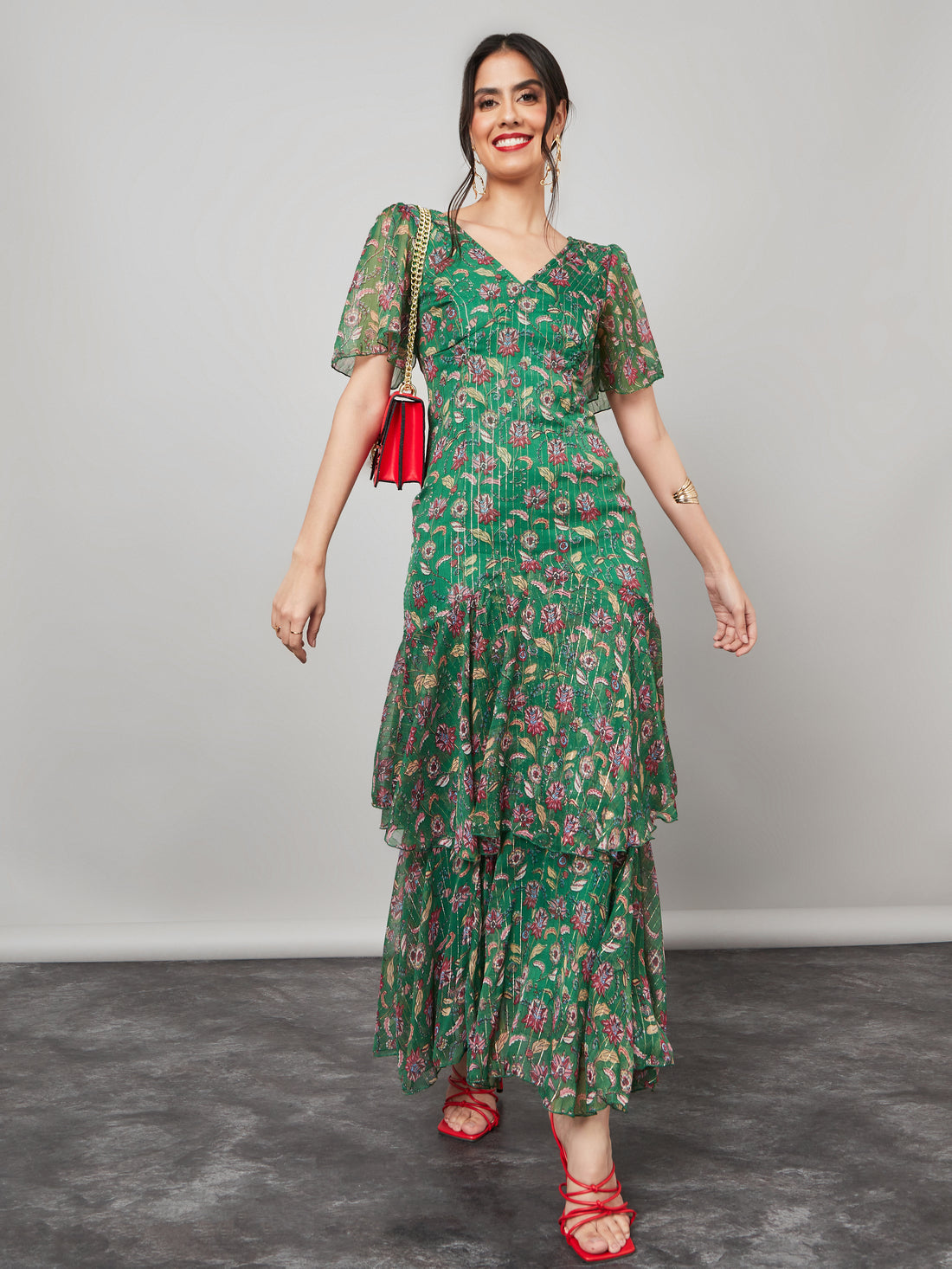 Women's Green Frill Sleeve Floral Print Layered Maxi Dress