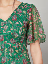 Women's Green Frill Sleeve Floral Print Layered Maxi Dress