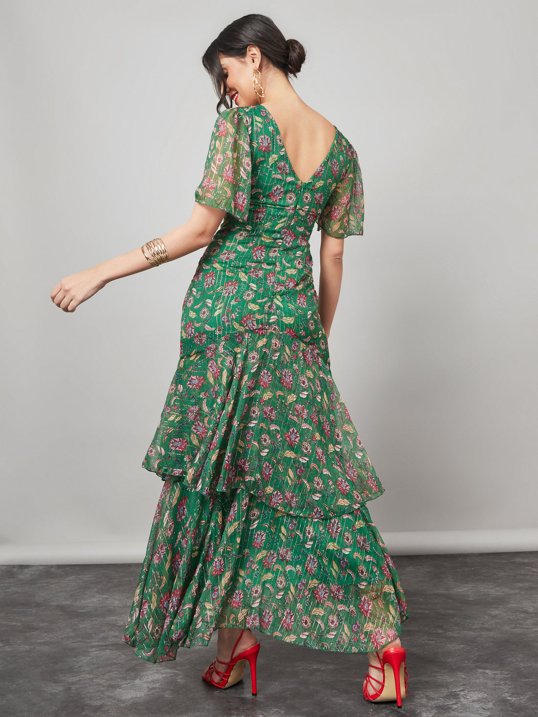 Women's Green Frill Sleeve Floral Print Layered Maxi Dress