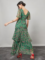 Women's Green Frill Sleeve Floral Print Layered Maxi Dress