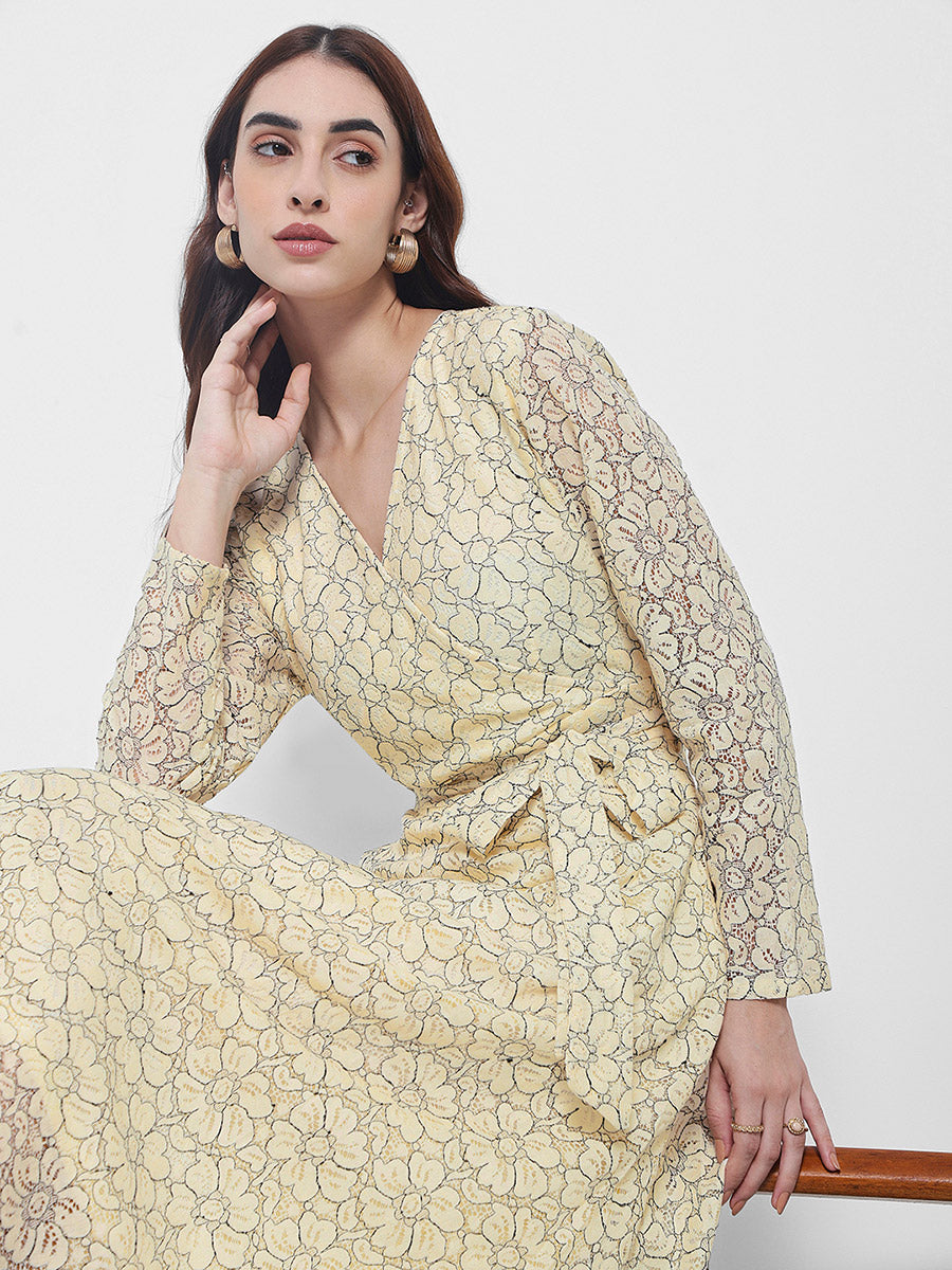 Women's Ethnic Motifs Printed Bishop Sleeves Tie Up Maxi Dress