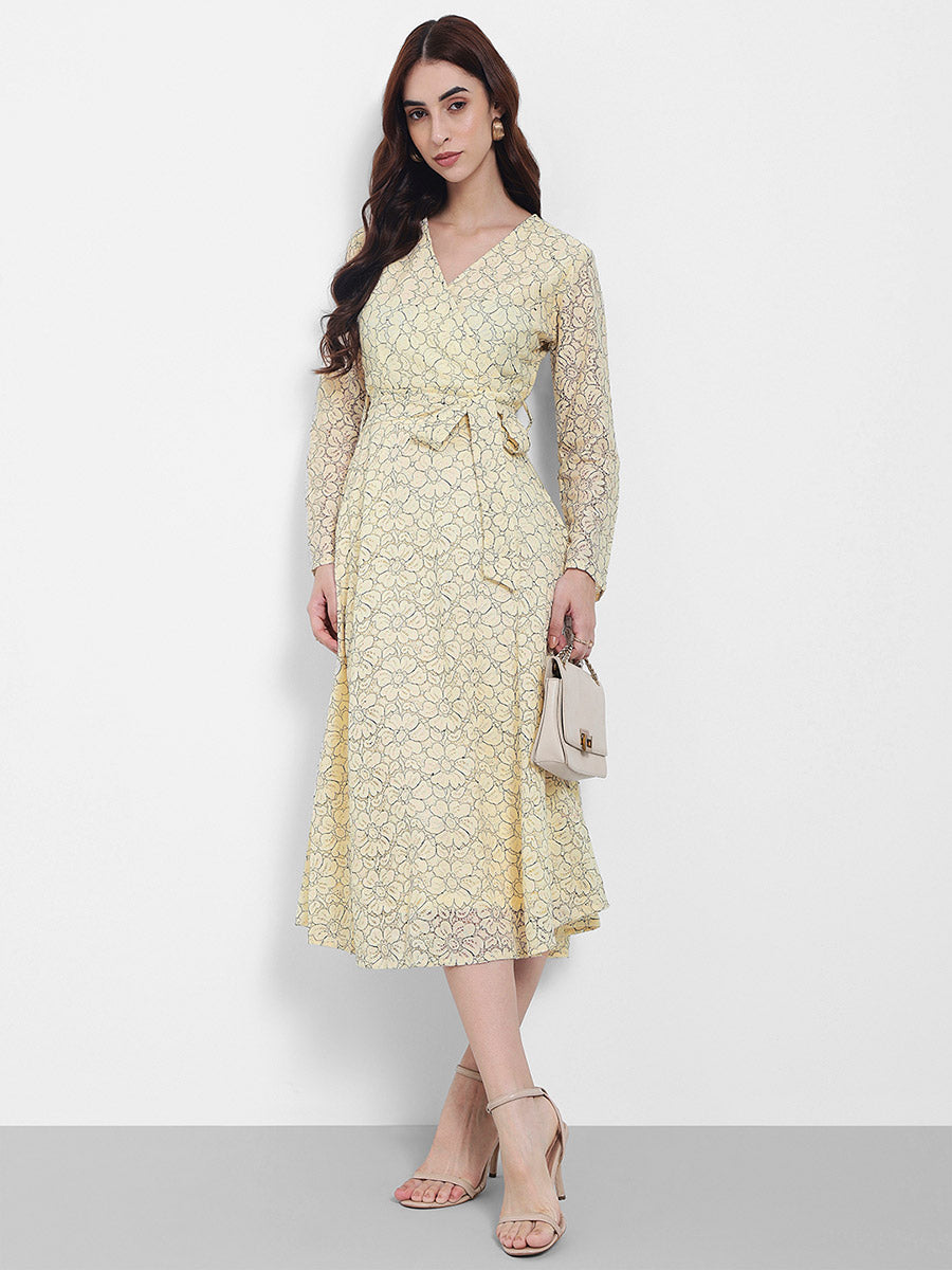 Women's Ethnic Motifs Printed Bishop Sleeves Tie Up Maxi Dress