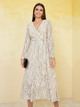 Women's Ethnic Motifs Printed Bishop Sleeves Tie Up Maxi Dress