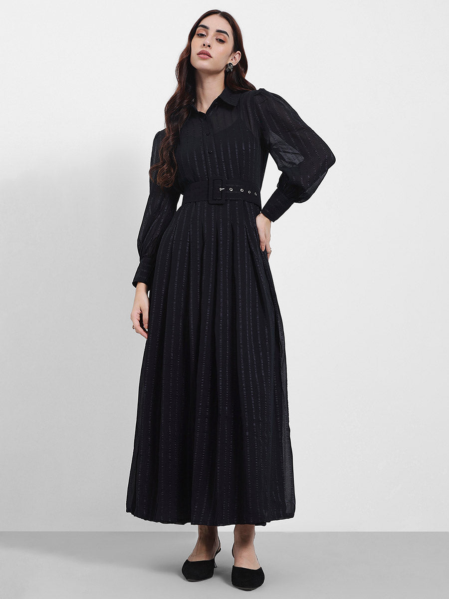 Women's Navy Casual A-Line Shirt Collar Full Sleeves Maxi Dresses