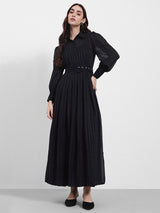 Women's Navy Casual A-Line Shirt Collar Full Sleeves Maxi Dresses