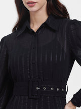 Women's Navy Casual A-Line Shirt Collar Full Sleeves Maxi Dresses