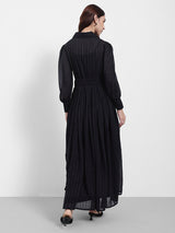 Women's Navy Casual A-Line Shirt Collar Full Sleeves Maxi Dresses