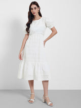 Women's White Casual A-Line Round Neck Half Sleeves Midi Dresses