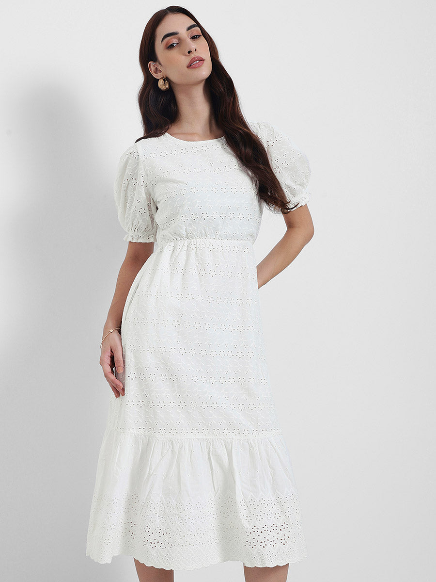Women's White Casual A-Line Round Neck Half Sleeves Midi Dresses