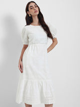 Women's White Casual A-Line Round Neck Half Sleeves Midi Dresses