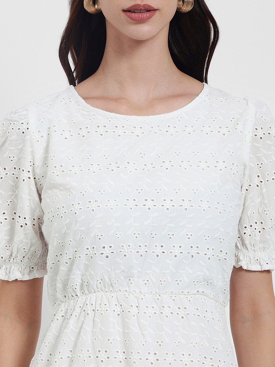 Women's White Casual A-Line Round Neck Half Sleeves Midi Dresses