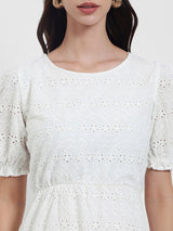 Women's White Casual A-Line Round Neck Half Sleeves Midi Dresses