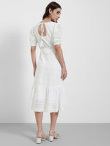 Women's White Casual A-Line Round Neck Half Sleeves Midi Dresses