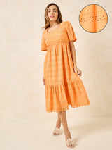 Women's Yellow Half Sleeves Self Design Aline Midi Dress