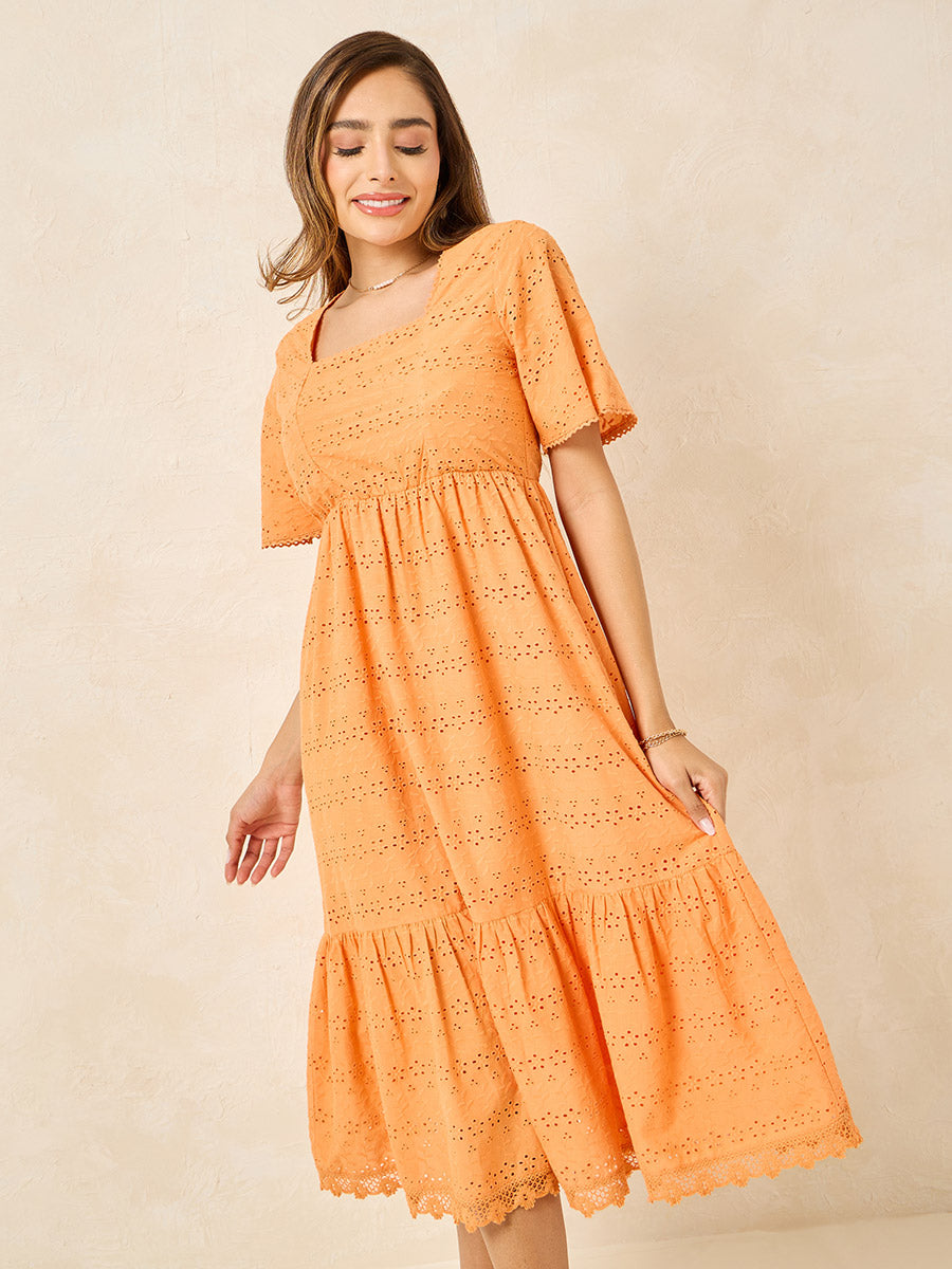 Women's Yellow Half Sleeves Self Design Aline Midi Dress