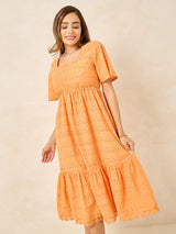 Women's Yellow Half Sleeves Self Design Aline Midi Dress
