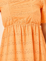 Women's Yellow Half Sleeves Self Design Aline Midi Dress